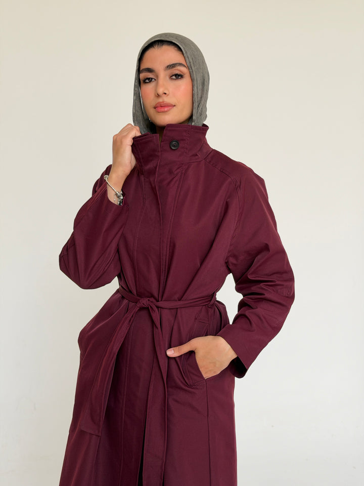 Gabardine long trench coat- red wine