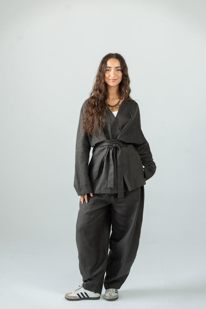 Wrapped linen shirt -black olive