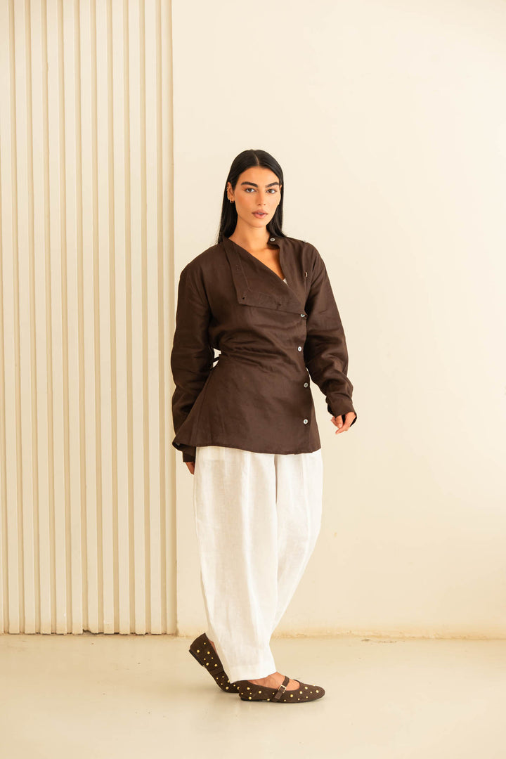 Flap linen shirt - brown