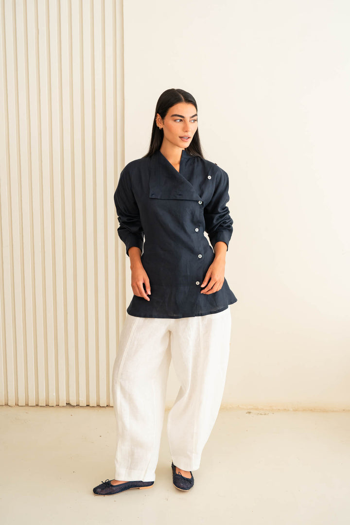 Flap linen shirt - dark blue