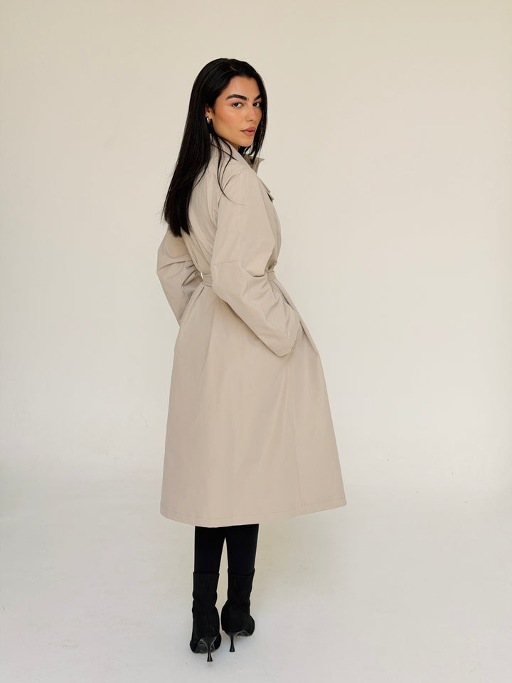Gabardine long trench coat- creme