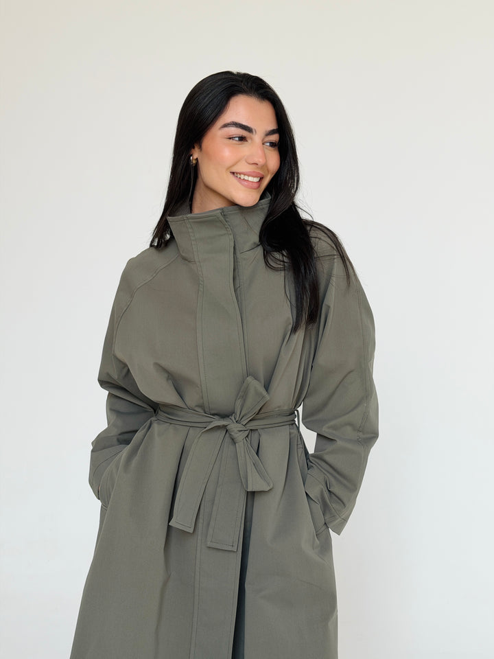 Gabardine long trench coat- dusty green