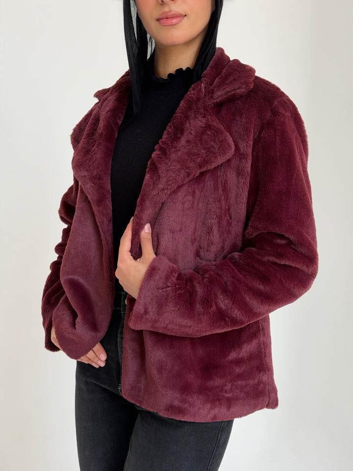Fur cropped jacket- burgundy