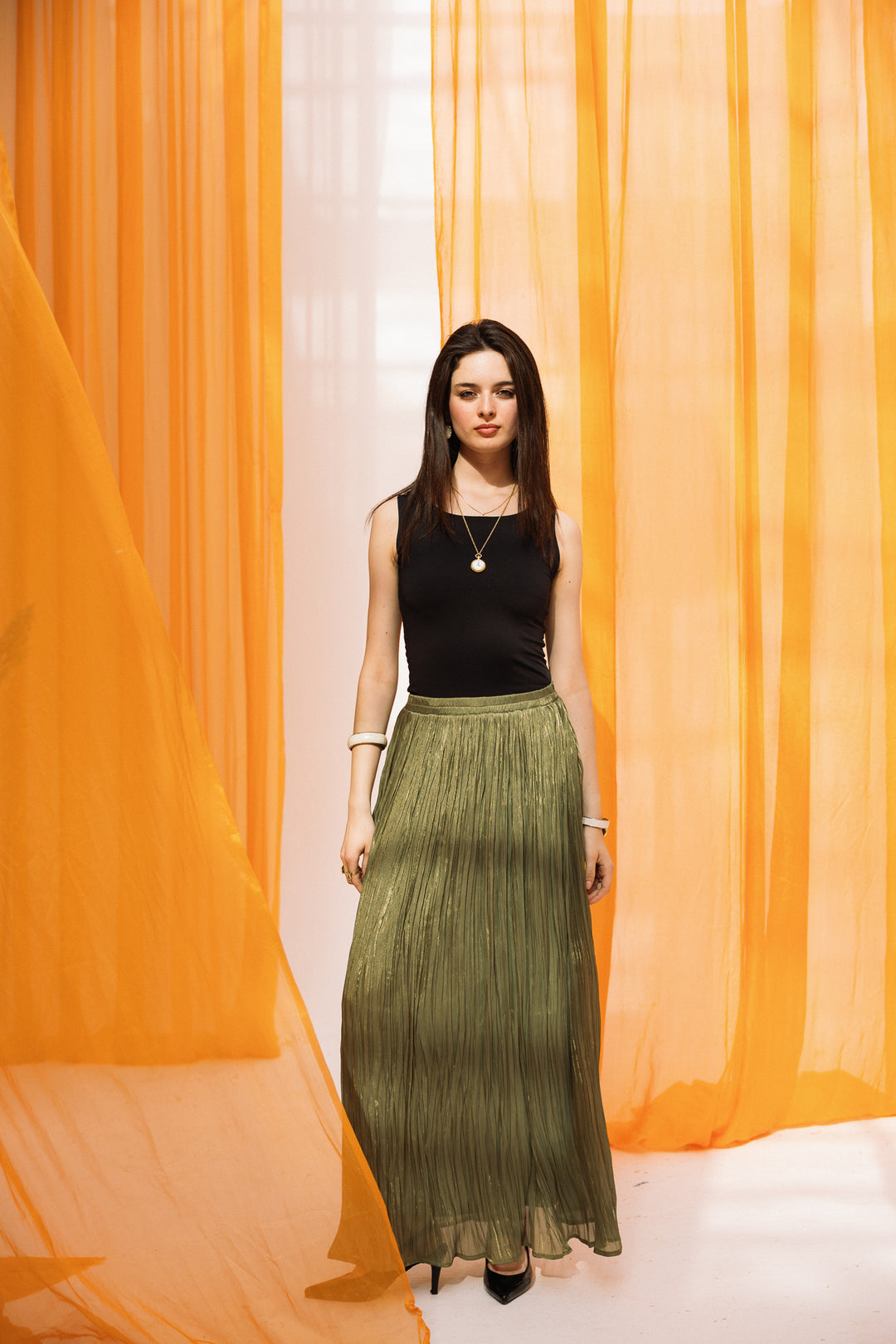 Chiffon sparkling skirt -olive