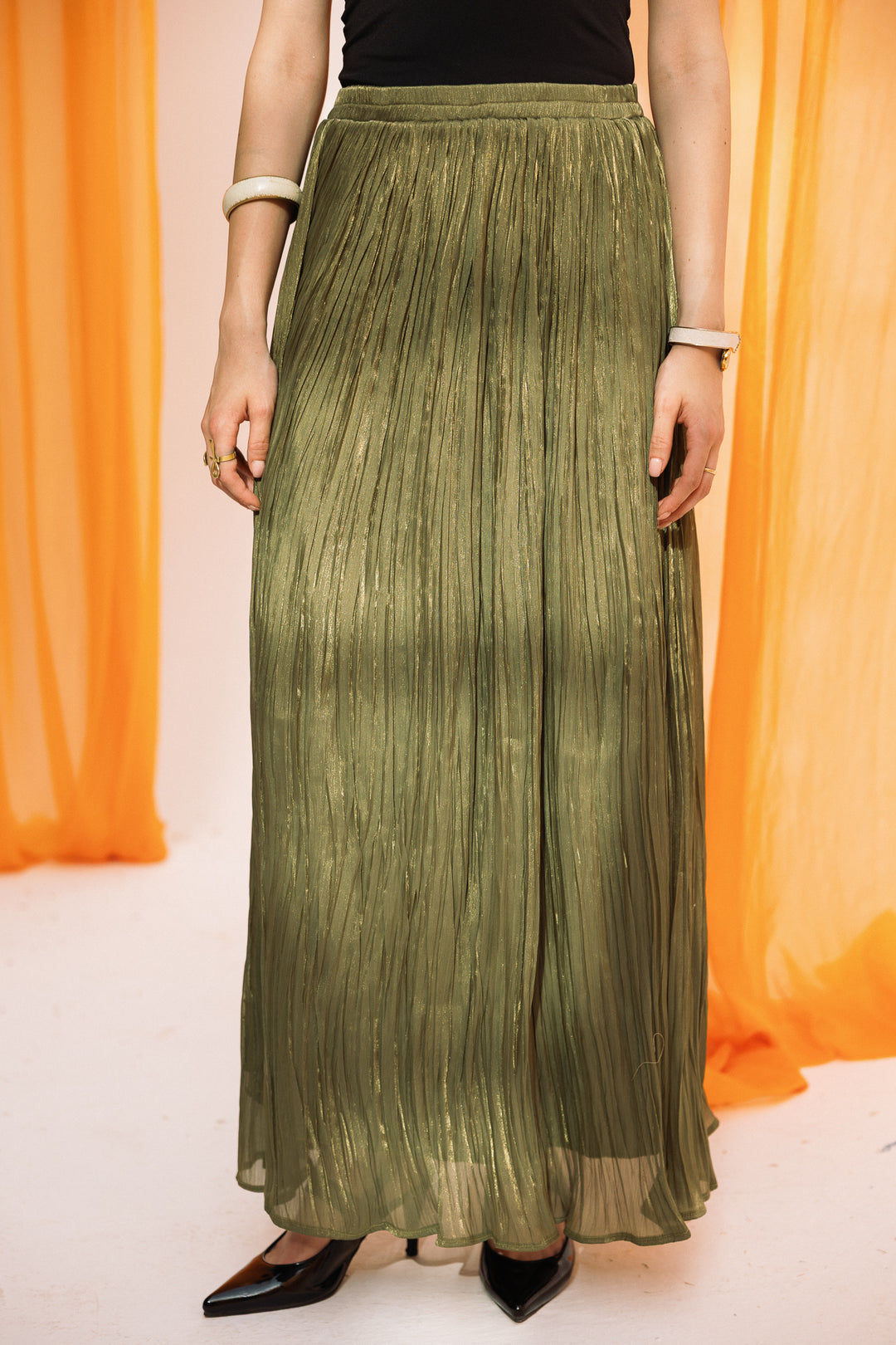 Chiffon sparkling skirt -olive
