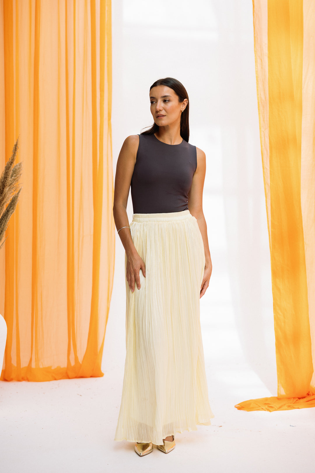 Chiffon sparkling skirt -butter yellow