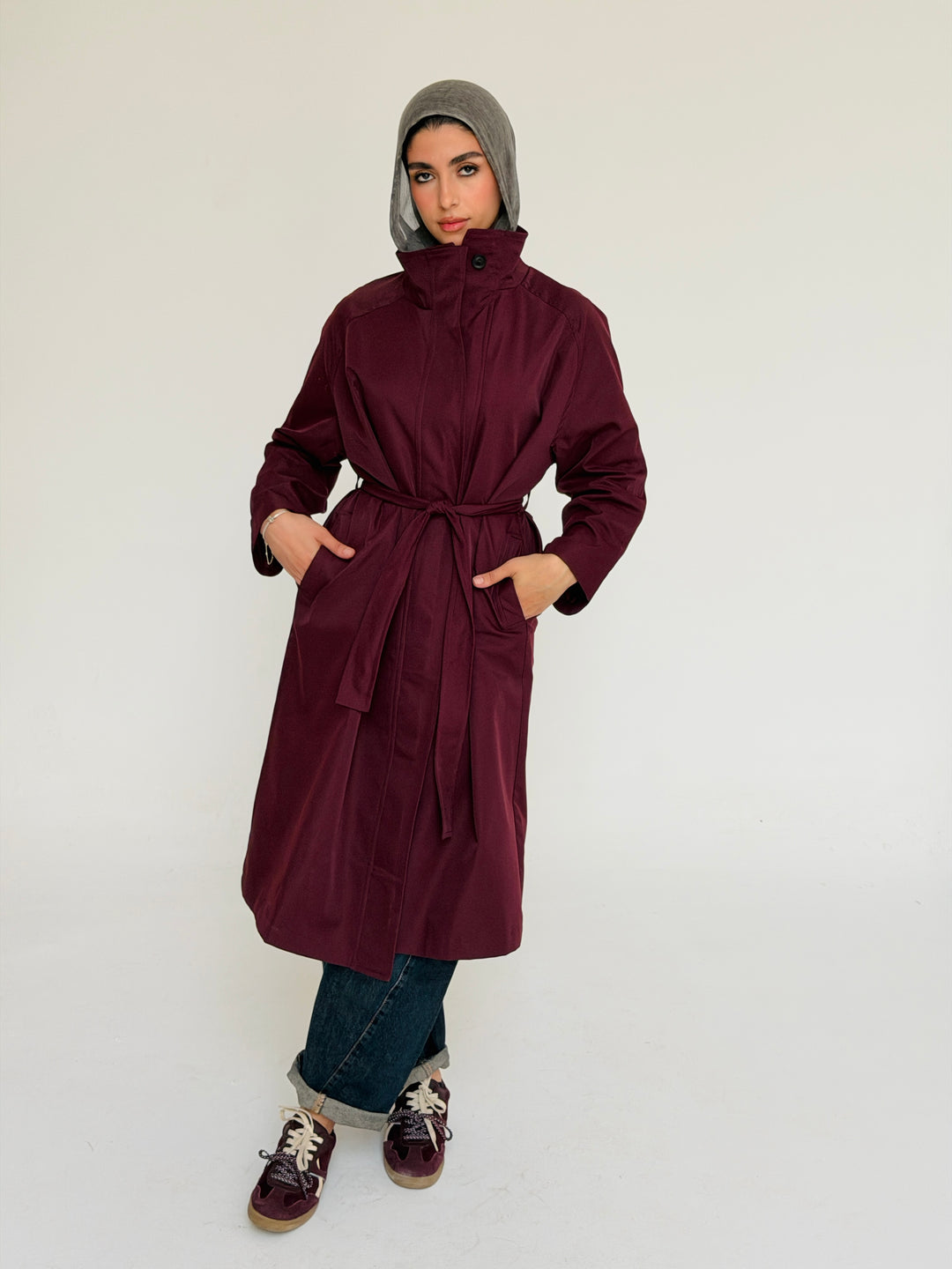Gabardine long trench coat- red wine