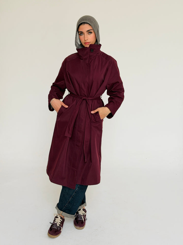 Gabardine long trench coat- red wine