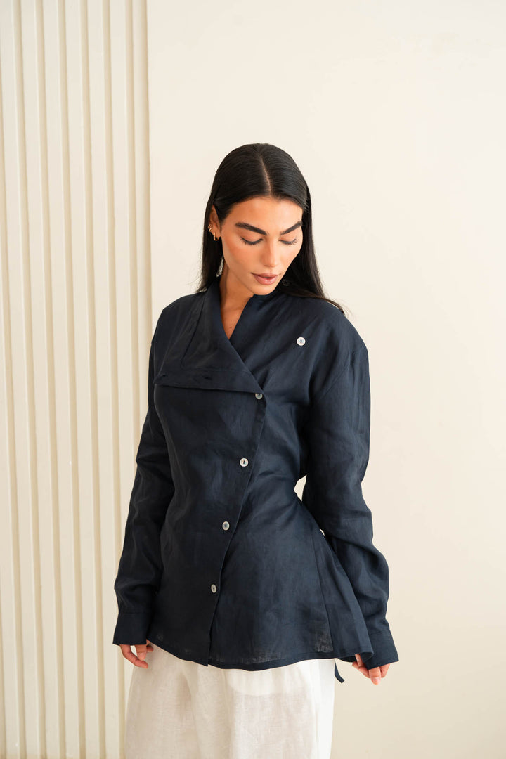 Flap linen shirt - dark blue