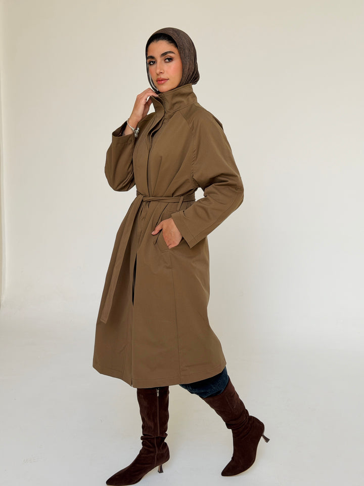Gabardine long trench coat- olive