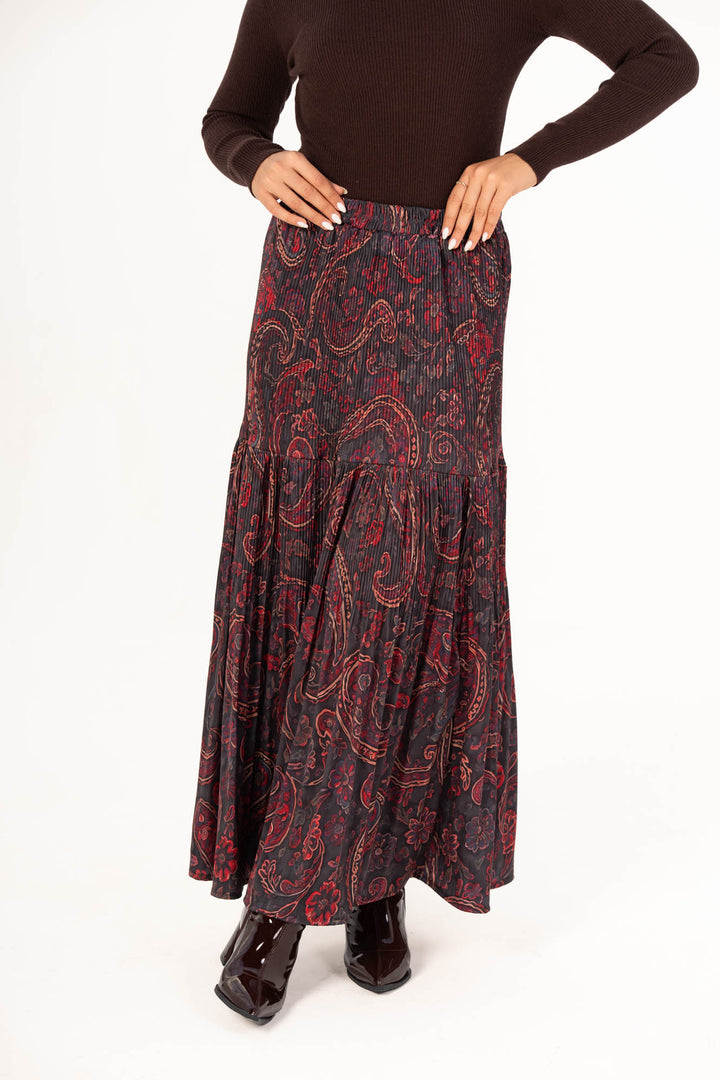 Printed Pleated Skirt - Burgundy Paisley