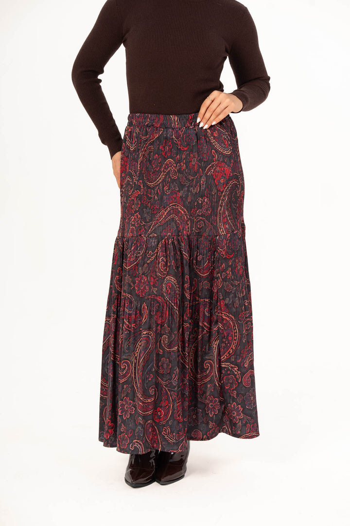 Printed Pleated Skirt - Burgundy Paisley