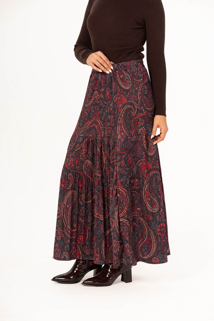 Printed Pleated Skirt - Burgundy Paisley
