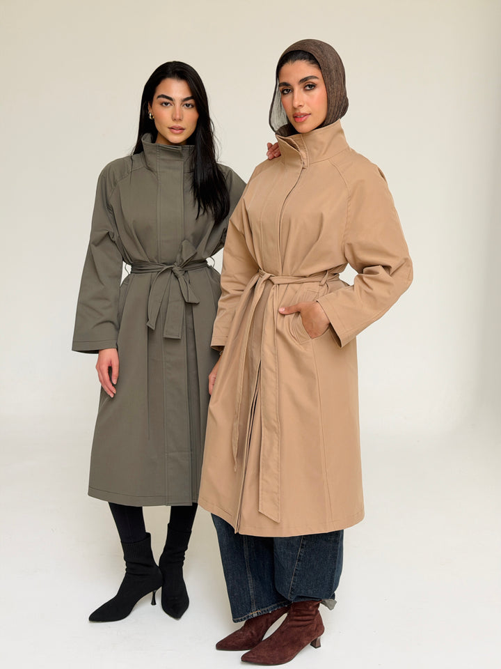 Gabardine long trench coat- dusty green