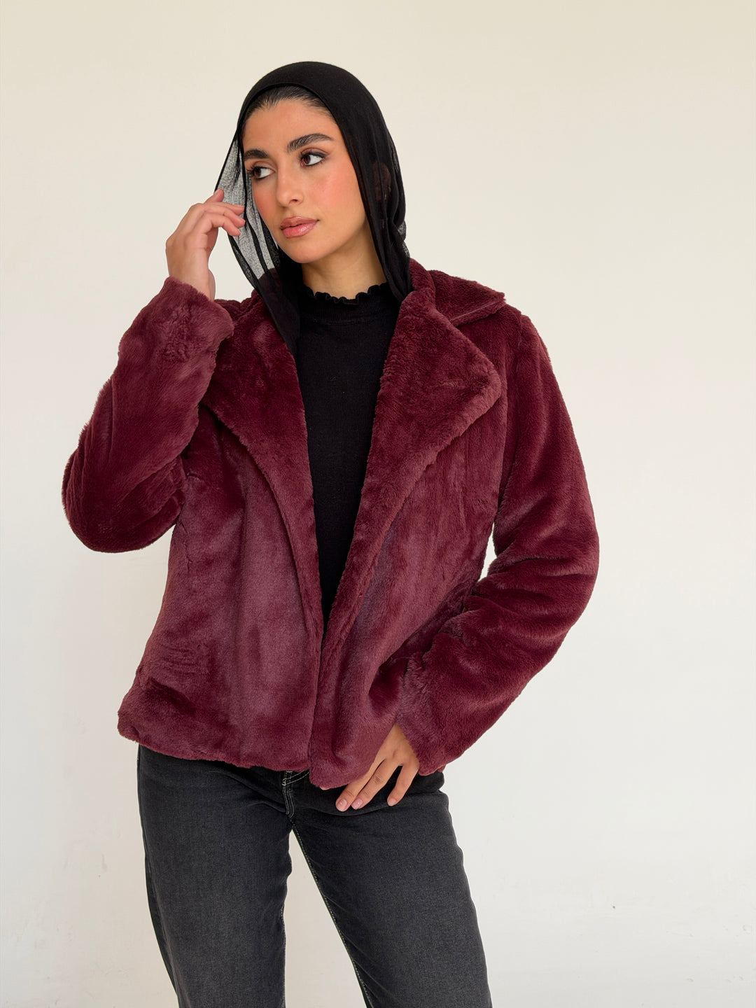Fur cropped jacket- burgundy