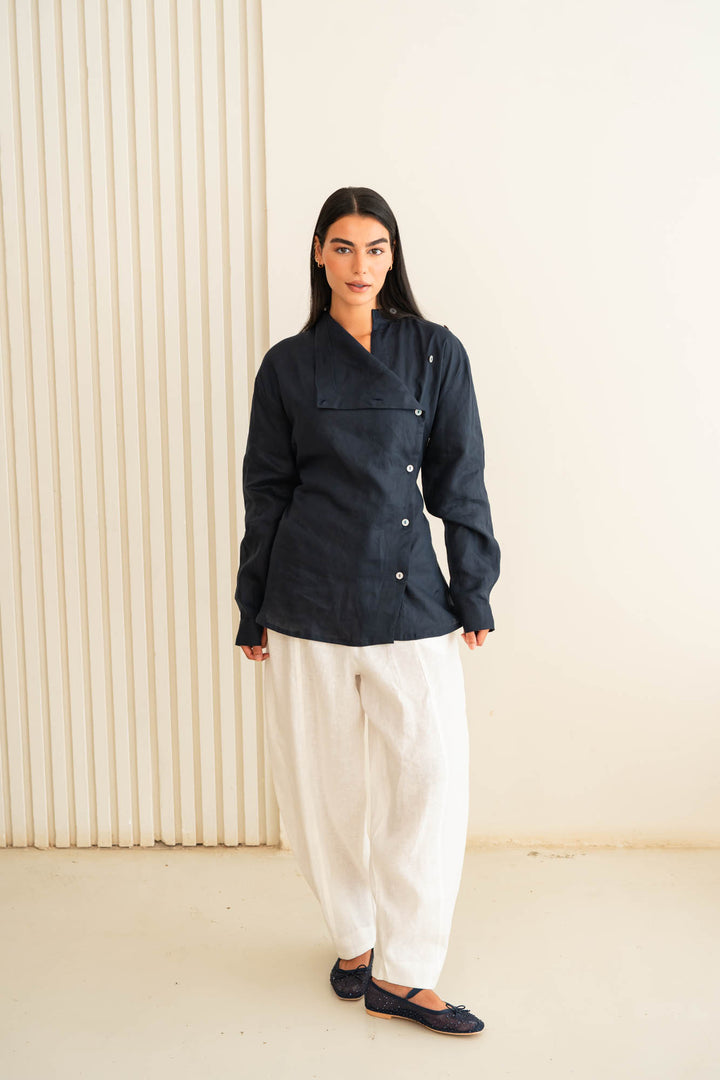 Flap linen shirt - dark blue