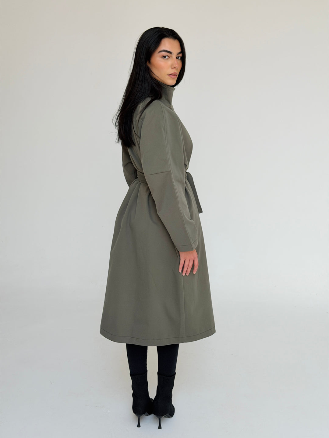 Gabardine long trench coat- dusty green