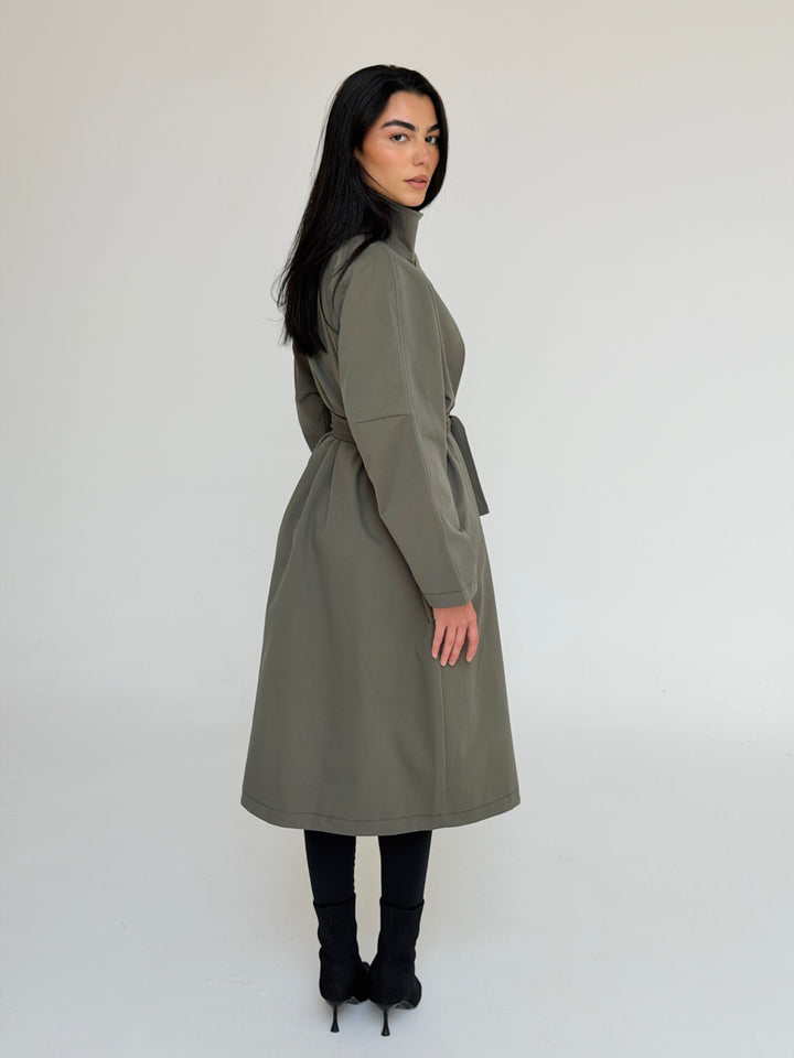 Gabardine long trench coat- dusty green