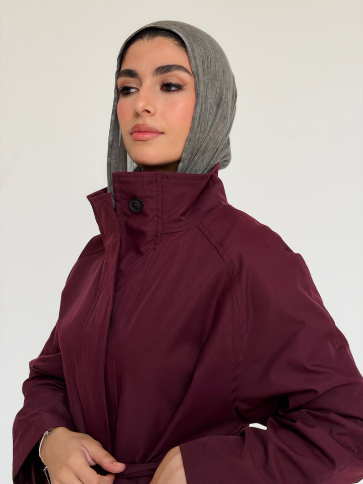 Gabardine long trench coat- red wine