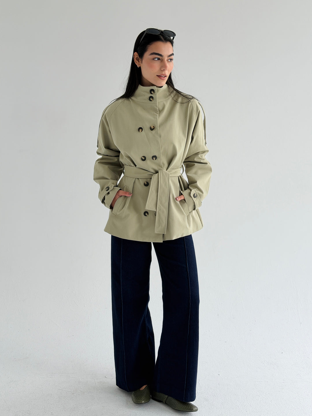Gabardine Short trench coat- matcha