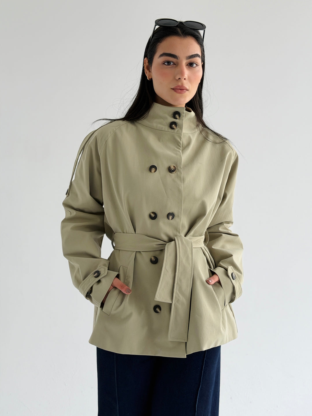 Gabardine Short trench coat- matcha