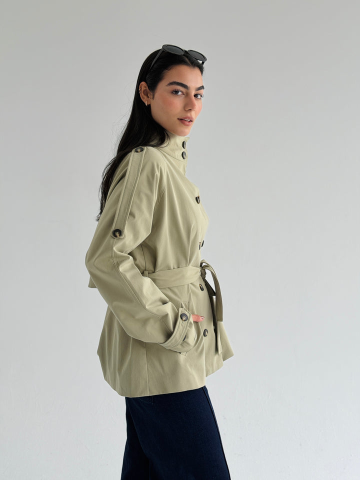 Gabardine Short trench coat- matcha