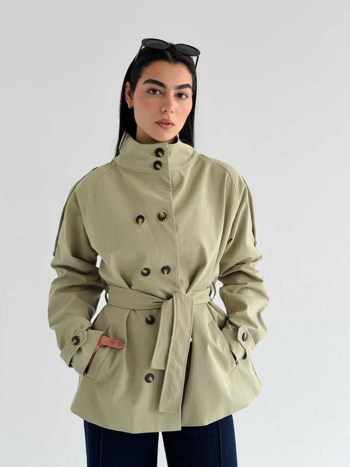 Gabardine Short trench coat- matcha