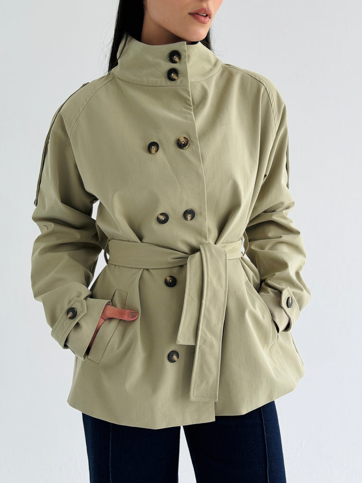 Gabardine Short trench coat- matcha