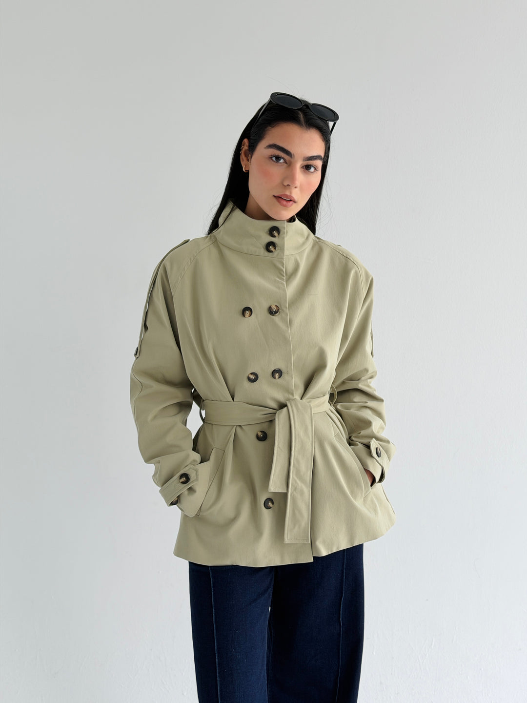 Gabardine Short trench coat- matcha