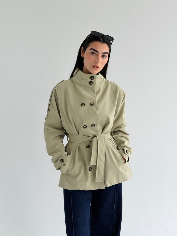 Gabardine Short trench coat- matcha