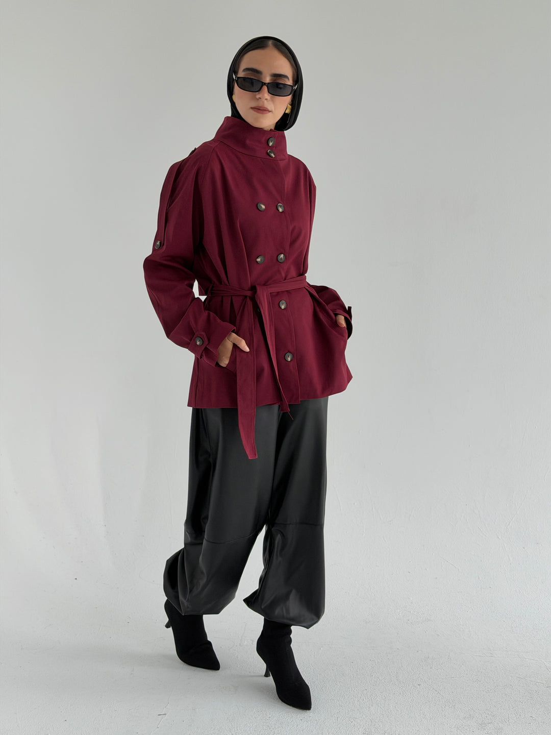 Gabardine Short trench coat- red wine