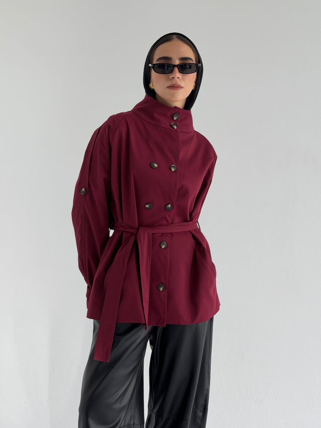 Gabardine Short trench coat- red wine
