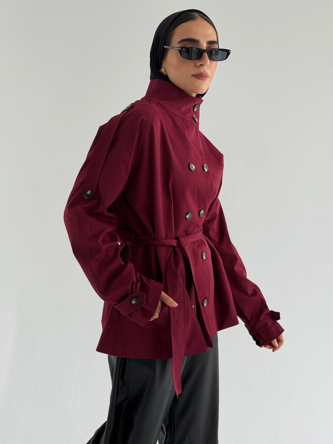 Gabardine Short trench coat- red wine