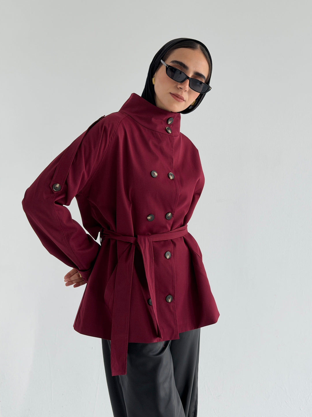 Gabardine Short trench coat- red wine