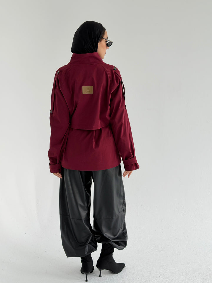 Gabardine Short trench coat- red wine