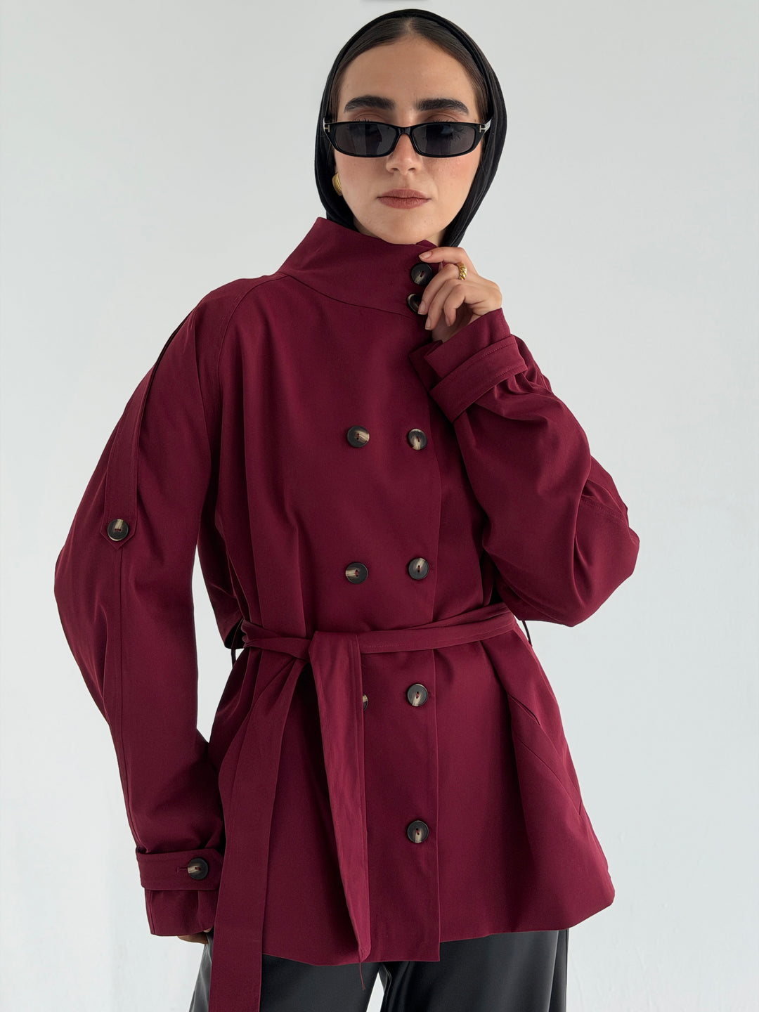 Gabardine Short trench coat- red wine