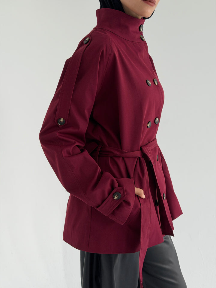 Gabardine Short trench coat- red wine