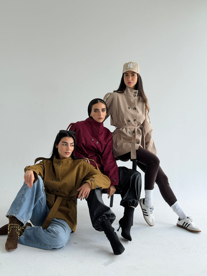 Gabardine Short trench coat- red wine