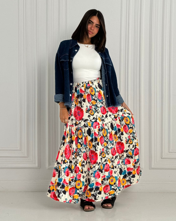 Printed Pilise Skirt -  Pink flowers