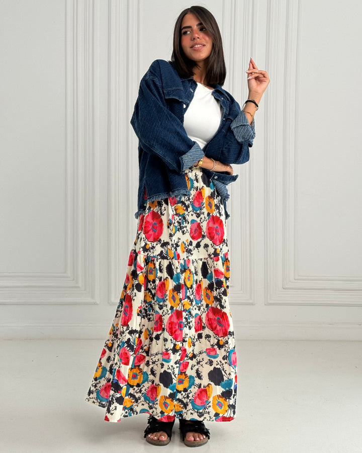 Printed Pilise Skirt -  Pink flowers