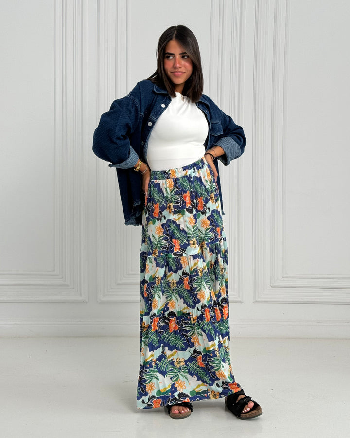 Printed Pilise Skirt -  Blue yellow flowers