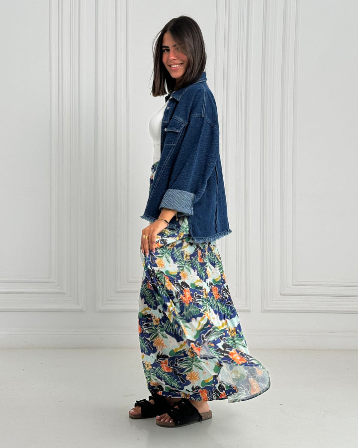 Printed Pilise Skirt -  Blue yellow flowers