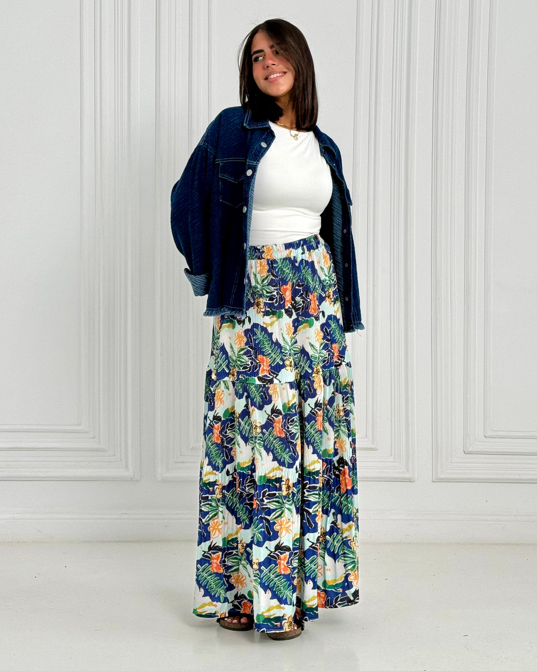 Printed Pilise Skirt -  Blue yellow flowers