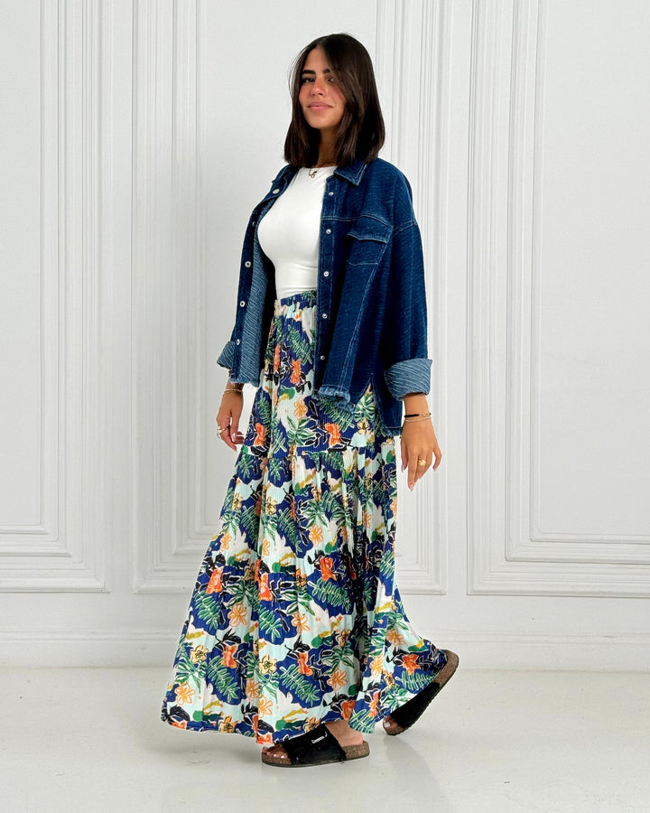 Printed Pilise Skirt -  Blue yellow flowers
