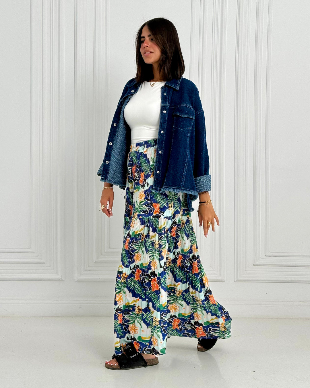 Printed Pilise Skirt -  Blue yellow flowers