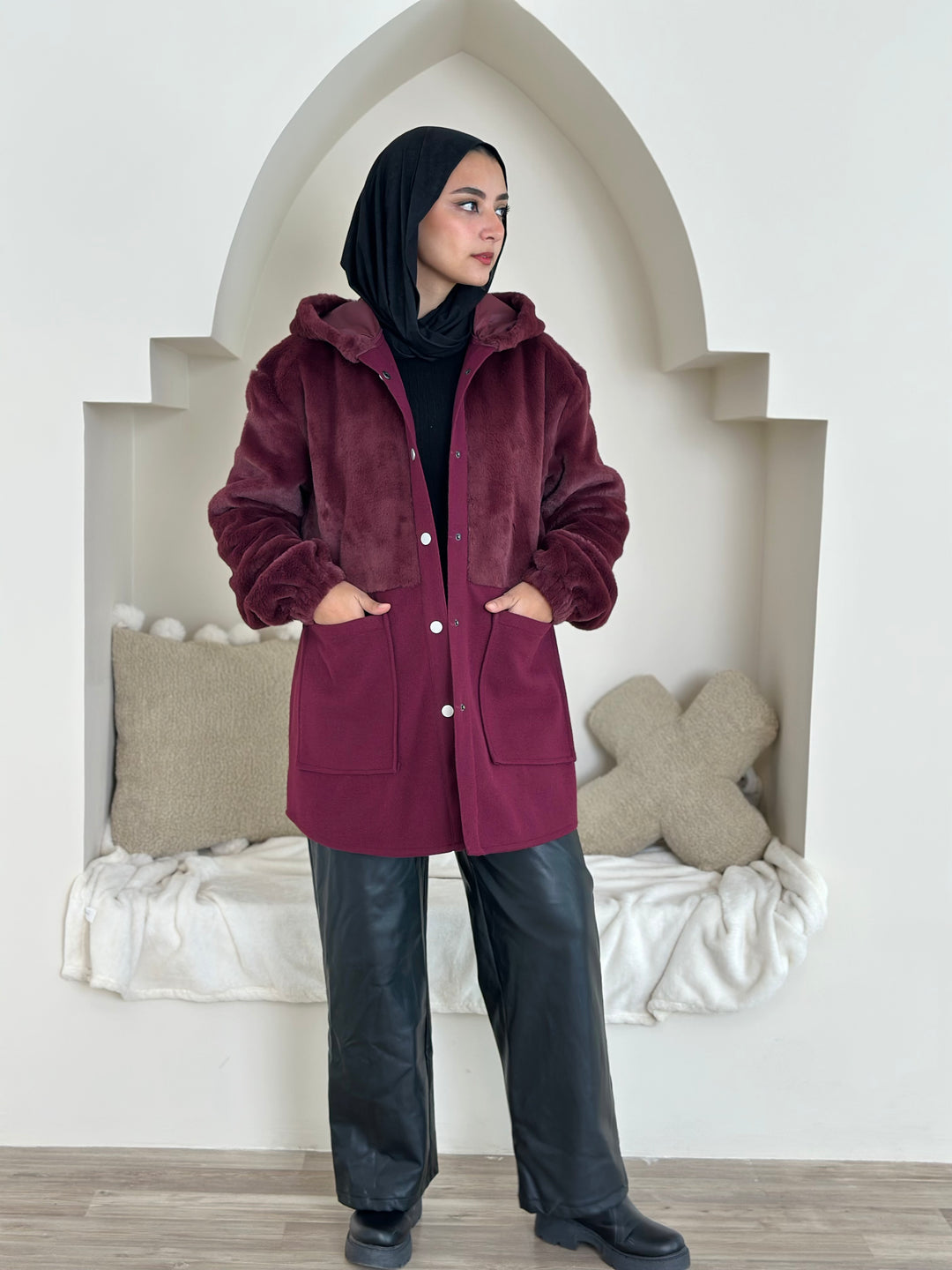 Furr vs wool jacket- Burgandy