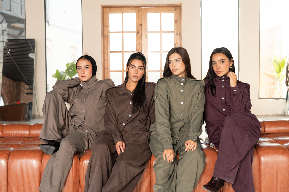 The City Edit: four women wearing coordinated winter sets in taupe, brown, olive and burgundy.
