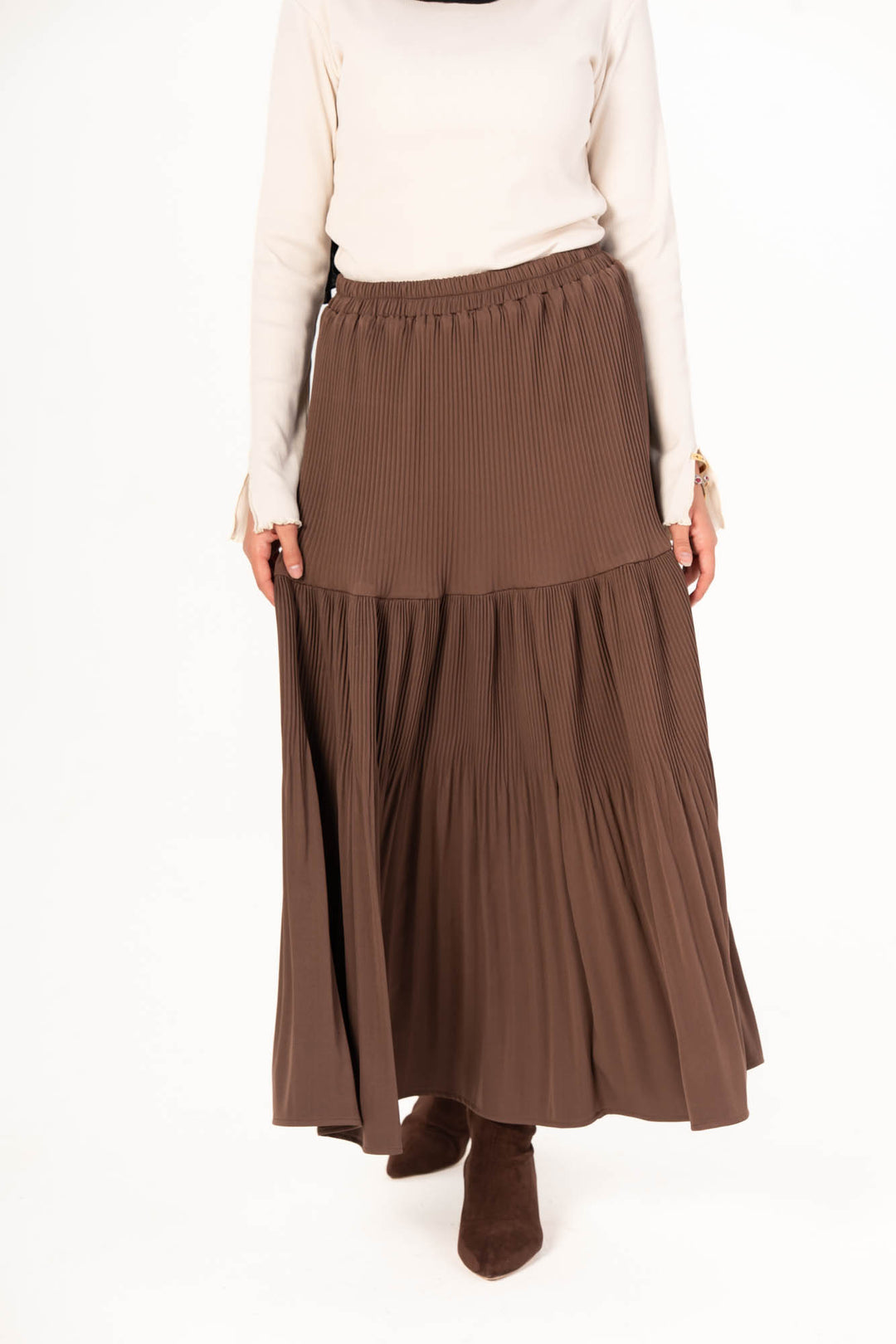 Plain Pleated Skirt - Brown