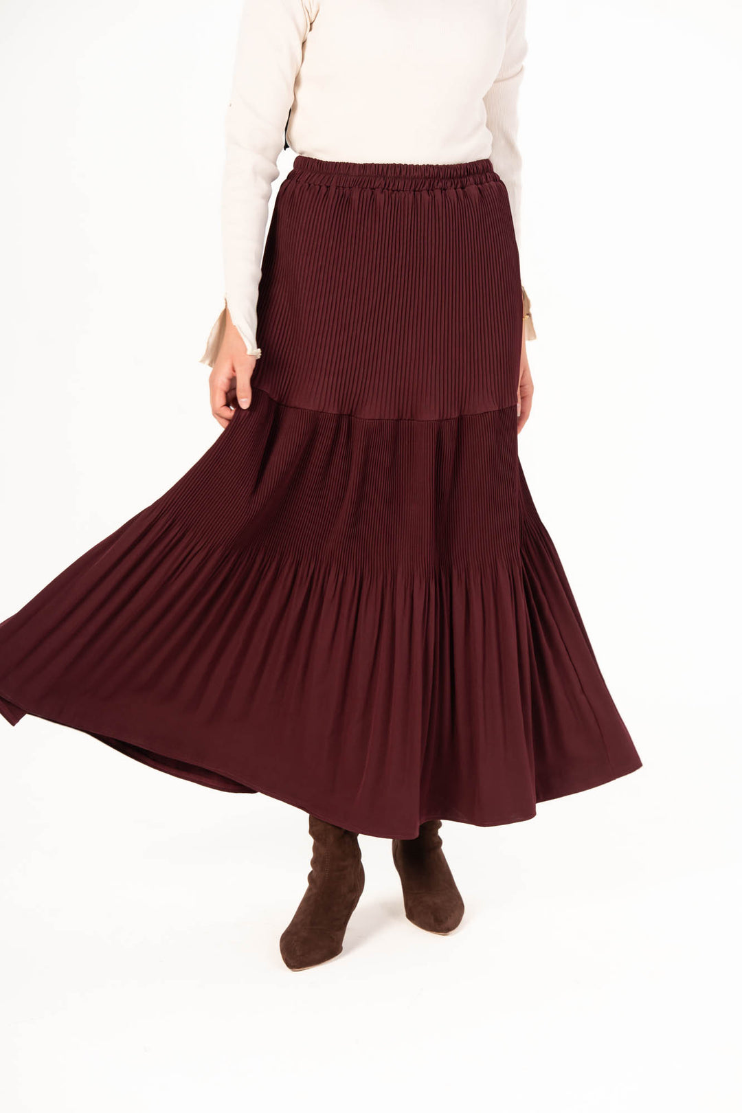 Plain Pleated Skirt - Burgundy