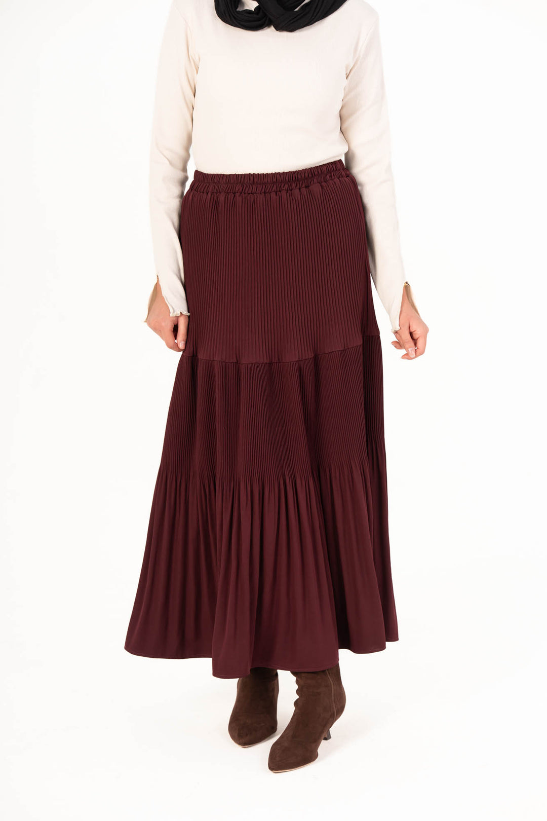 Plain Pleated Skirt - Burgundy